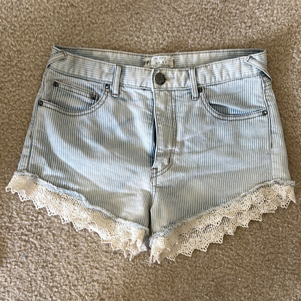Free People Light Blue Striped Jean Shorts with Lace